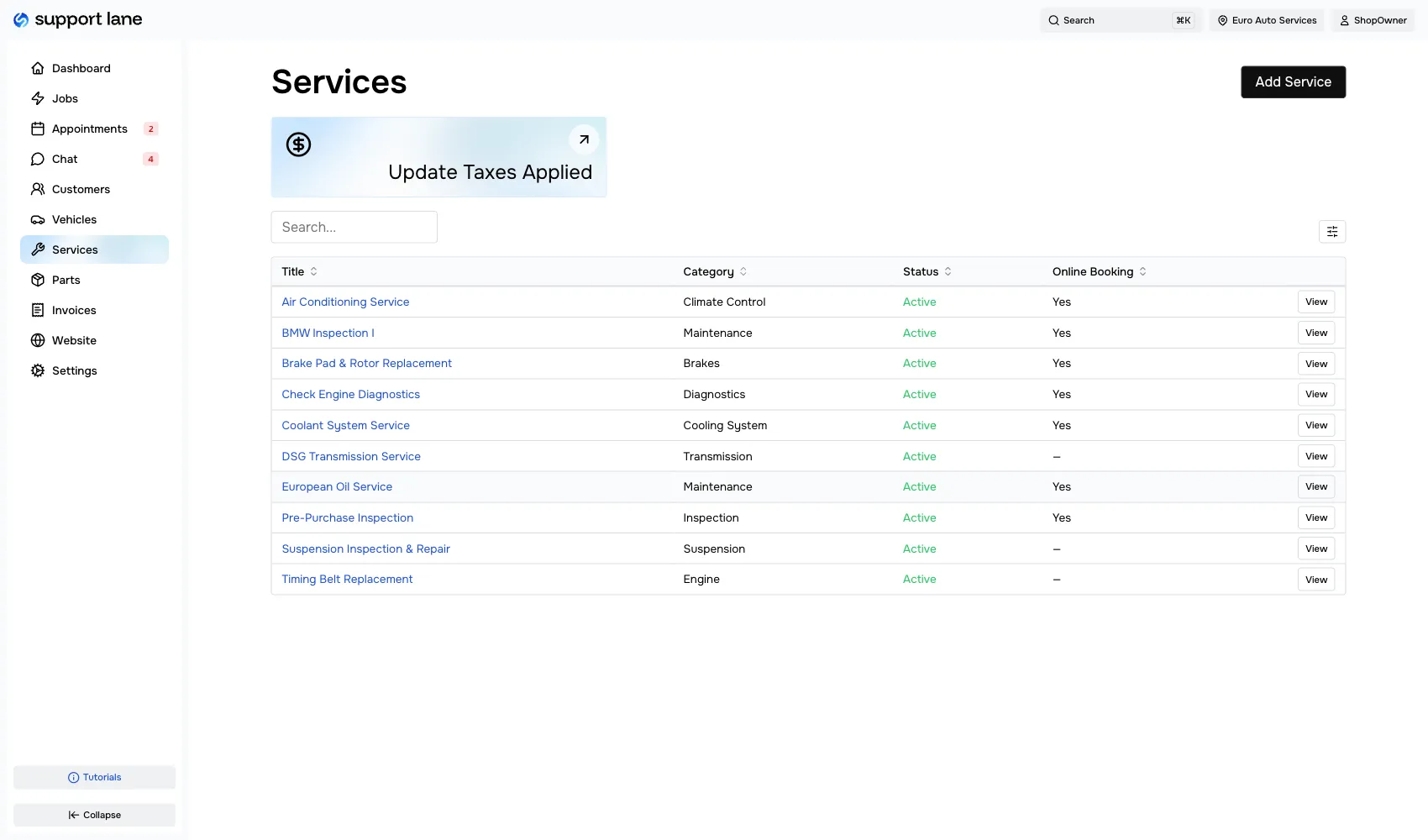 Shop management software service templates and catalog for mechanics
