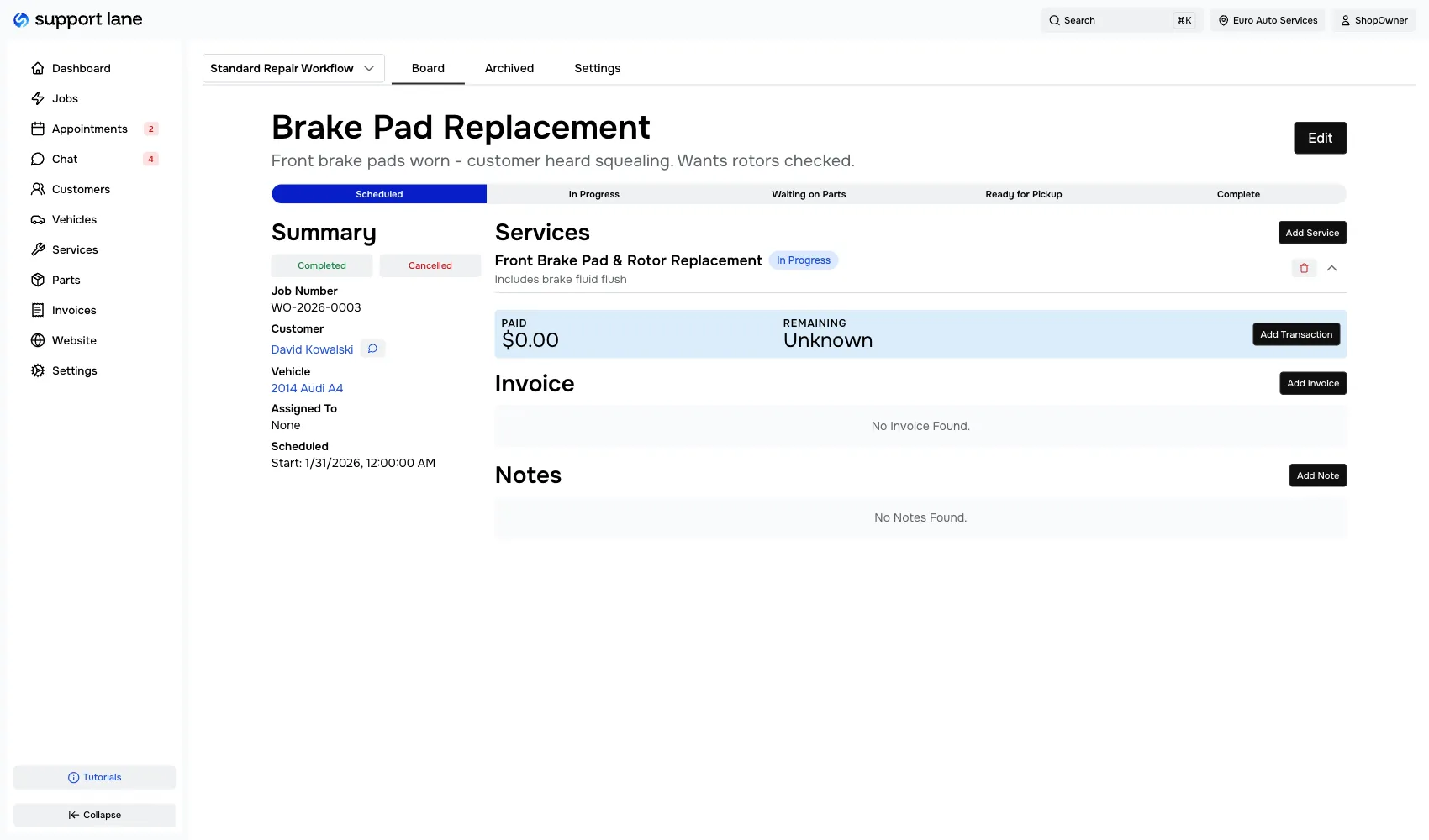 Shop management software for invoicing and job details in auto repair shops