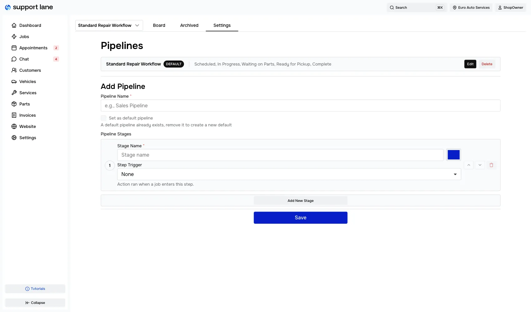 Auto repair shop workflow pipeline editor