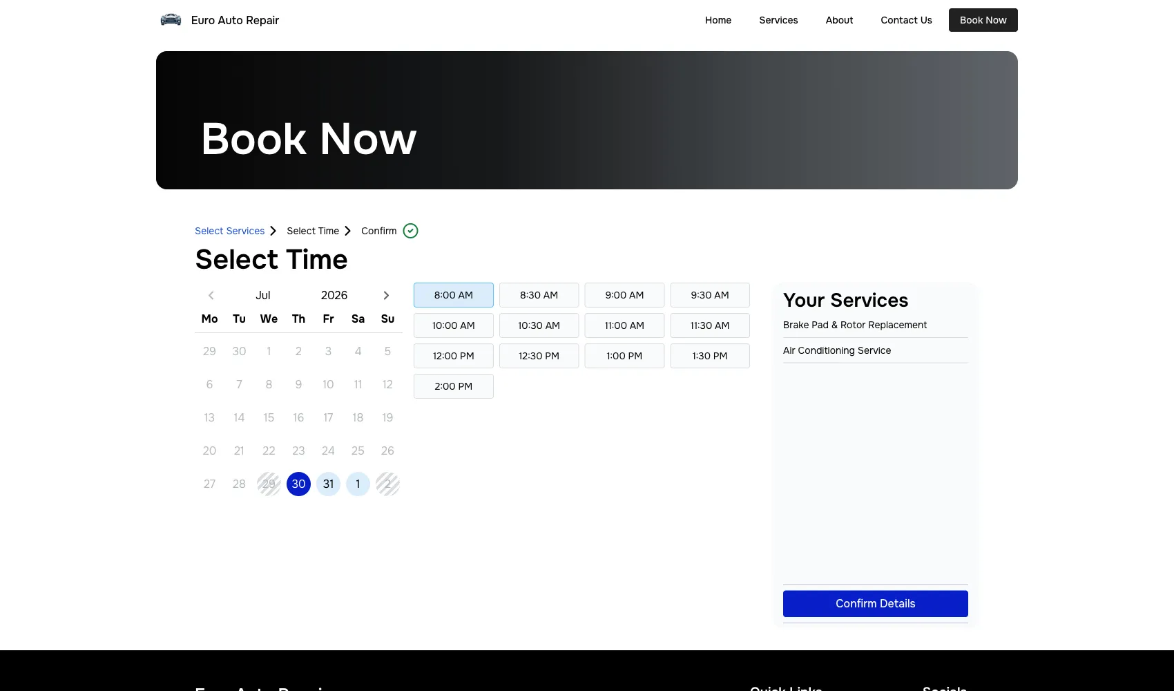 Auto repair online booking — customers pick a time based on shop hours