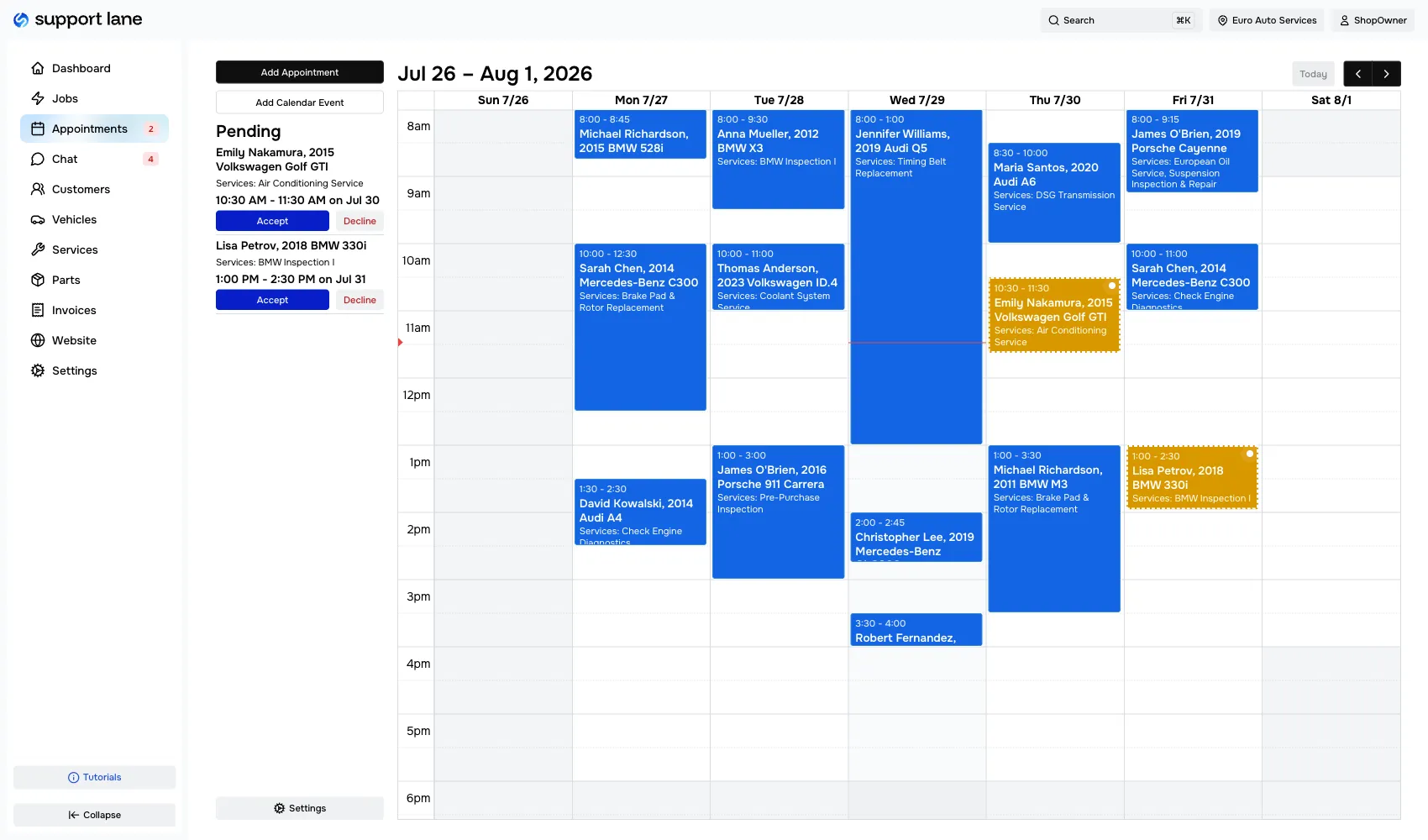Shop management software appointment calendar for auto repair scheduling
